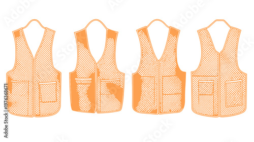 Four stylized orange safety vests arranged in a row, graphic illustration of protective workwear