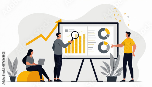 Team analyzes business data on large screen, shows growth chart and pie charts. People work together on analytics. Flat design characters collaborate on financial report.