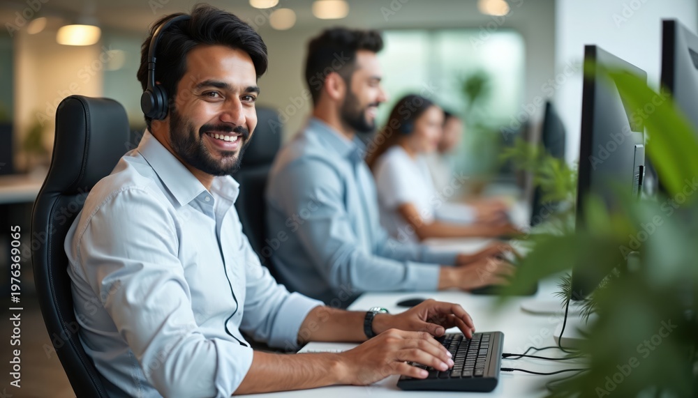 Fototapeta premium Smiling man works in call center wearing headset. He types on computer keyboard with colleagues nearby. Professional operator offers support and assistance.