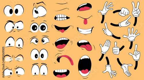 Cartoon face expression elements set design. Collection with comic eyes, mouths, hand for scared, angry, annoyed, surprised, loving, teasing, laughing, smiling, more emotions. Vector illustration.