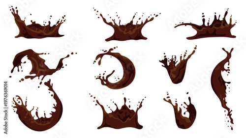 Chocolate splash elements set design. Collection with brown cocoa or coffee splatters, fluid motions of liquid food product with waves and droplets, falling and melting dessert. Vector illustration.
