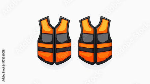 Two identical cartoon life vests in orange and gray, with black outlines, isolated on white background