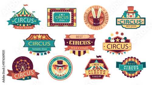 Circus retro labels elements set design. Collection with carnival vintage promotion banners and event stickers for invitation, fairground show decoration emblems or logotypes. Vector illustration.