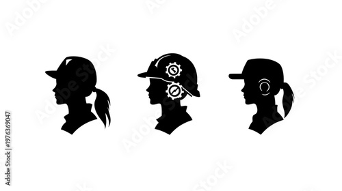Silhouettes of women with hats or helmets, representing different professions, presented in black