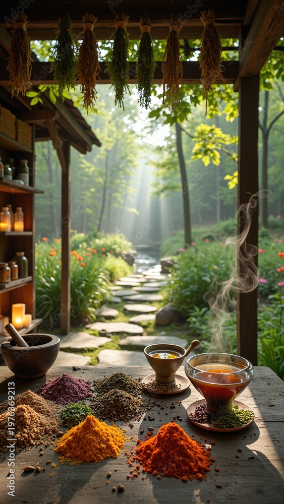 Naklejka premium Ancient Herbal Remedies in a Lush Forest Sanctuary