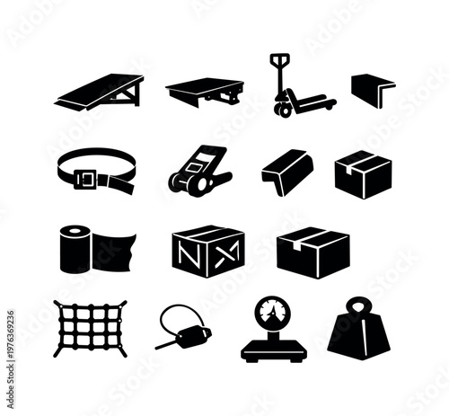 Solid vector icons of cargo handling: loading ramp, dock leveler, hand pallet truck, cargo strap, ratchet buckle, edge protector,