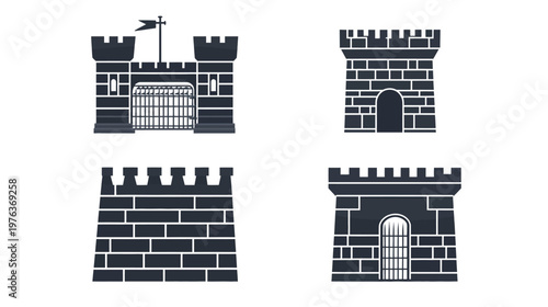 Four stylized, vector illustrations of castle turrets and walls in flat design, monochromatic