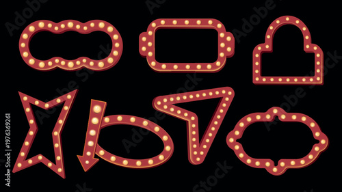 Retro light bulb frames elements set design. Collection with different shapes retro illuminated signboards for cinema, theatre, circus show, casino club, vintage banner and arrow. Vector illustration.