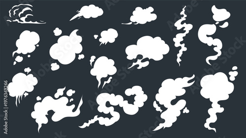 Smoke cartoon elements set design. Collection with different shapes cloud booms, gas steams, fog vapours, white explosions, speed and stream fume motion with bubbles effect. Vector illustration.