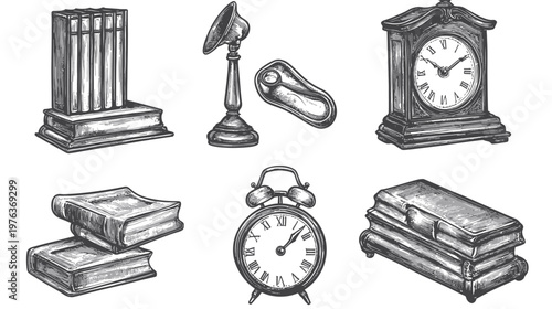 A collection of intricately detailed grayscale illustrations featuring vintage objects and antique items