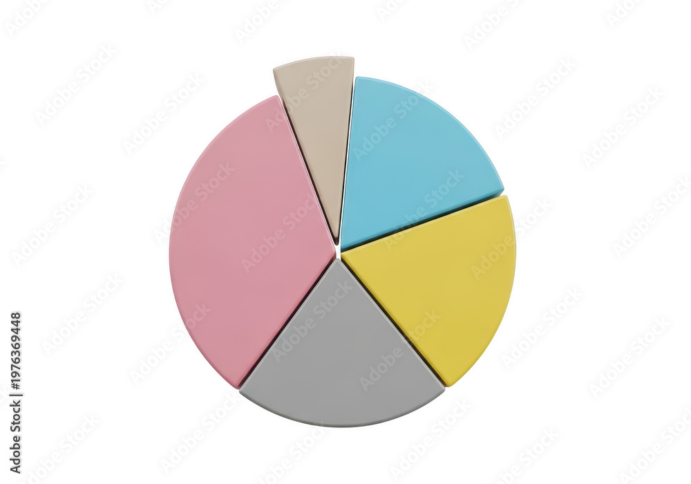 Fototapeta premium A pie chart divided into five sections of different colors isolated on transparent background