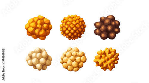 Six cartoonish clustered shapes, rendered in shades of orange, brown and cream, on white background
