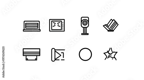 Collection of eight minimalist line art icons representing technology and media concepts
