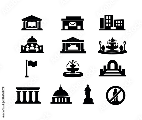 Solid vector icons of government building: municipal library, post office, government annex, city council chamber, civic