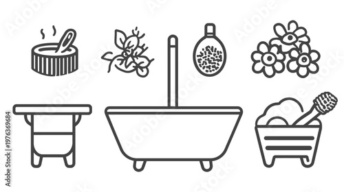 A collection of spa and bath icons in outline form. It contains spa tools, floral, and bath items