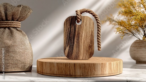 Natural Wood Cutting Board Display on Podium with Jute Sack Background