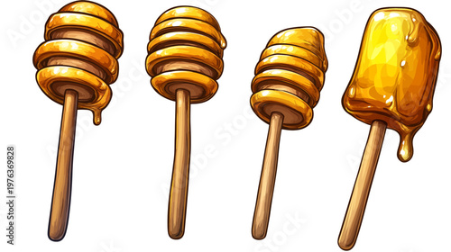 Four stylized honey dippers, each crafted from wood with dripping honey, a vibrant golden color