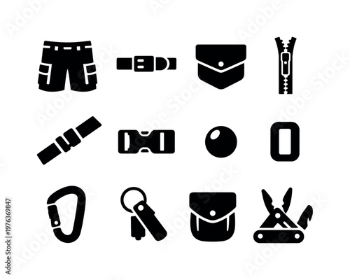 Solid vector icons of utilitarian cargo: cargo shorts, belt, pocket flap, zipper, strap, buckle, rivet, loop, carabiner, keychain