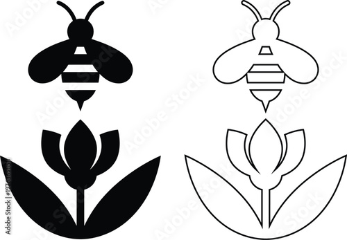 Vector icon set featuring a flying honeybee hovering over a blooming spring flower blossom in clean solid black silhouette and linear outline styles