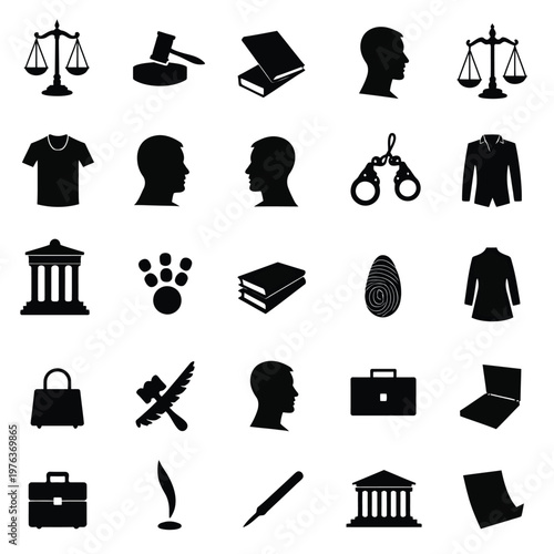 A vector silhouette collection of 30 unique icons court and law .eps