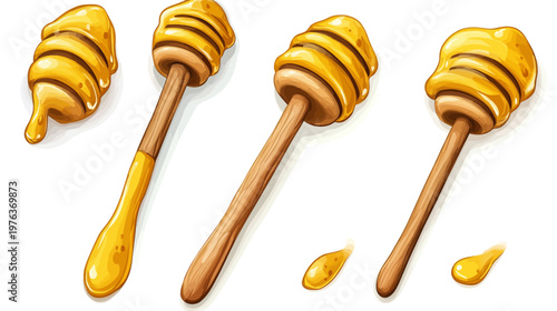 Illustration of honey dippers and drops on a white background, suggesting freshness