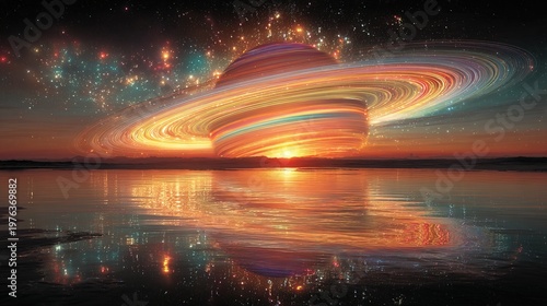 Dreamlike Planet with Rings Over Water Surface Cosmic Landscape Art