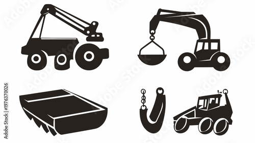 Collection of construction equipment silhouettes, including cranes, diggers, and other machinery