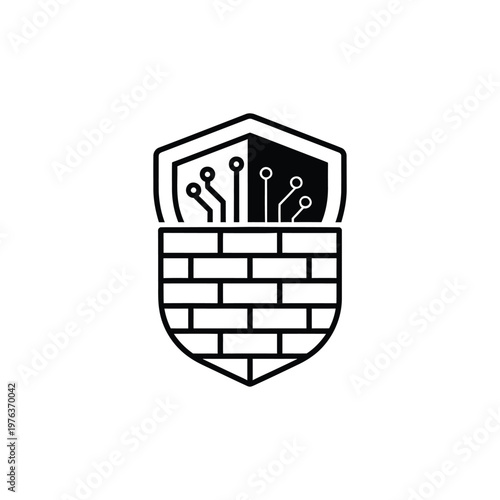 Cybersecurity firewall shield icon, digital network protection logo, black and white technology security emblem, circuit board and brick wall vector