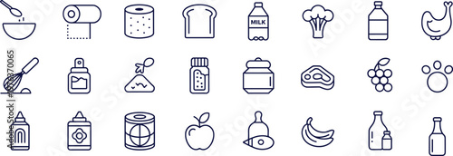 Collection of Food and Grocery Icons with Outline Style Keywords: bowl, spoon, toilet paper, dots, bread, slice, milk, bottle, broccoli