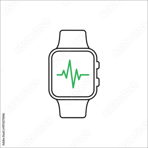 Smartwatch health tracker icon with green heartbeat line, digital fitness watch vector, wearable technology for medical monitoring and heart rate tracking