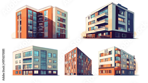 Stylized digital illustrations of five modern apartment buildings. Rendered with clean lines and a white background