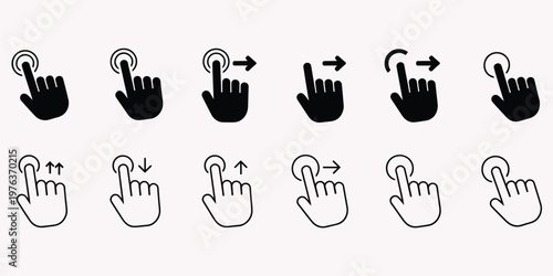 Touch Gestures Icons Finger Taps Swipes Clicks Outline Solid vector illustration
