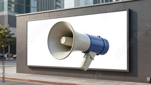 Megaphone bullhorn against blank white billboard mockup on city street, urban outdoor advertising and marketing concept
