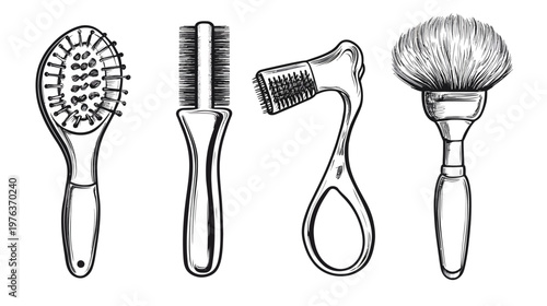 A black and white illustration of four different hair styling brushes