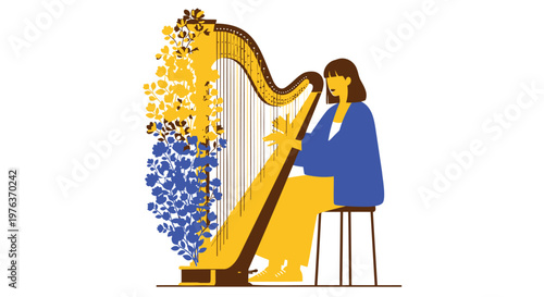 Vector illustration of woman playing harp, musical instrument, blue and yellow, minimalist style, music concept
