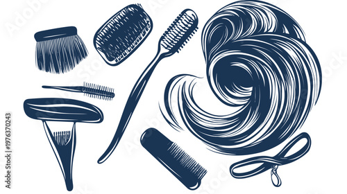 Stylized illustration of various hair care tools and a stylized depiction of flowing hair