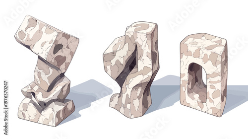 Three abstract stone sculptures rendered in a digital, pixelated style. Each unique shape casts a subtle shadow