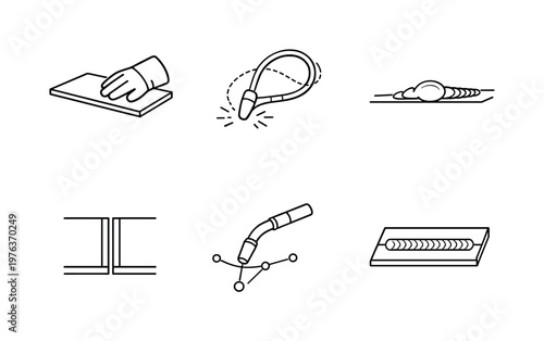 Augmented Welding Icons. Line style icons of augmented weld training: virtual-hand plate, trajectory-loop arc, weld-pool bead,
