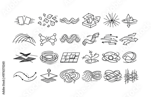 Line vector icons of nature-breaking simulation errors: anticollision slips, floating mass shards, inverted fluid curves, paradox