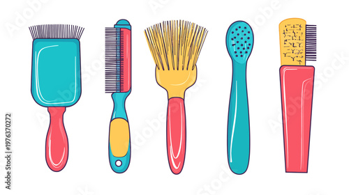 Colorful illustrated set of five different grooming brushes for beauty care and hair