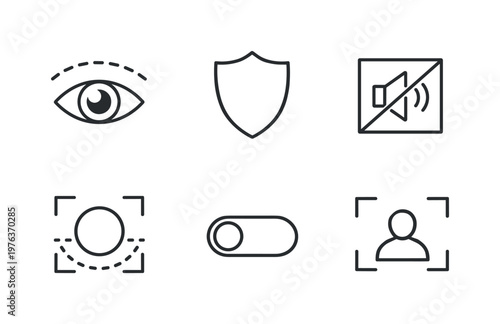 Line style icons of privacy controls: invisible mode arc, shield outline, silence zone tile, boundary line, privacy switch,