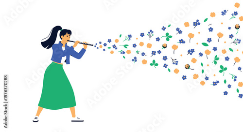 Colorful puzzle pieces blowing out of a trumpet, creative inspiration concept, vector illustration, brainstorming ideas