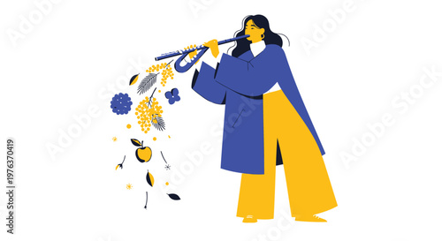 Businesswoman blowing horn, colorful confetti, celebration, office party, vector illustration