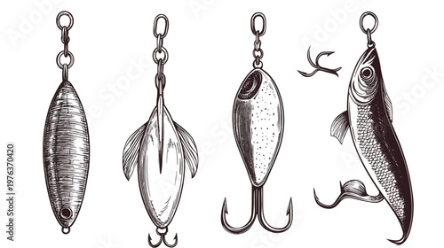 Hand-drawn illustration featuring four different fishing lures, presented in a black and white sketch style