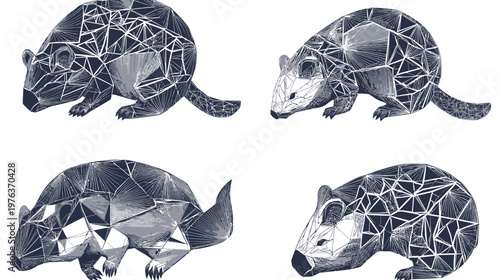 Four geometric, stylized illustrations of the same quadruped animal, viewed from various angles