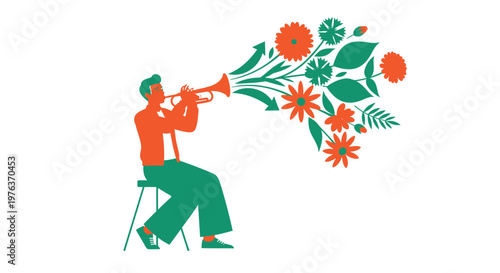 Music, floral, trumpet player, colorful illustration, vector art