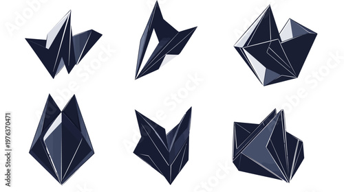 Six abstract geometric shapes in shades of blue and gray on a white background