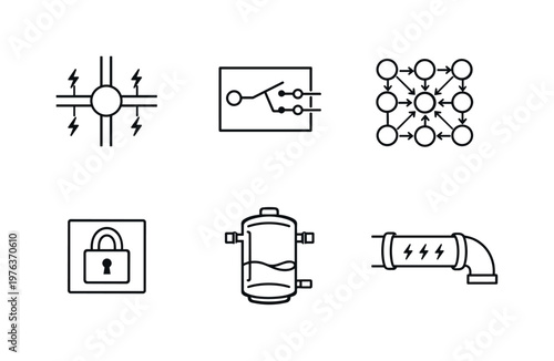 Line style icons of renewable energy routing: power distribution node, switching relay, source-priority matrix, grid-isolation