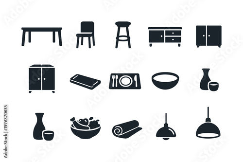 Solid vector icons of modern minimal furniture: diningTable, diningChair, barStool, sideboard, cabinet, servingTray, placemat,
