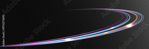 Light multicolor neon glowing curved streak isolated on transparent background futuristic energy motion trail effect.
